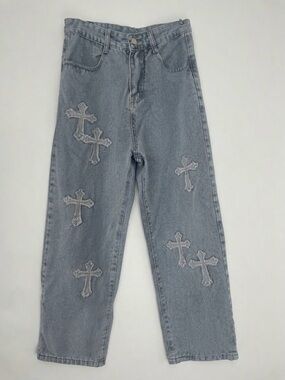 Low Rise Baggy Wide Leg Cross Patch Light Blue wash Denim Jeans